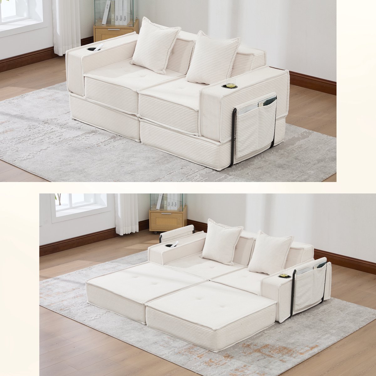 Slaapbank 2-Zits - Moderne Lounge Bank Met Voetenbank, Opbergruimte En Bekerhouder - Comfortabele Sofa Voor Woonkamer - Beige