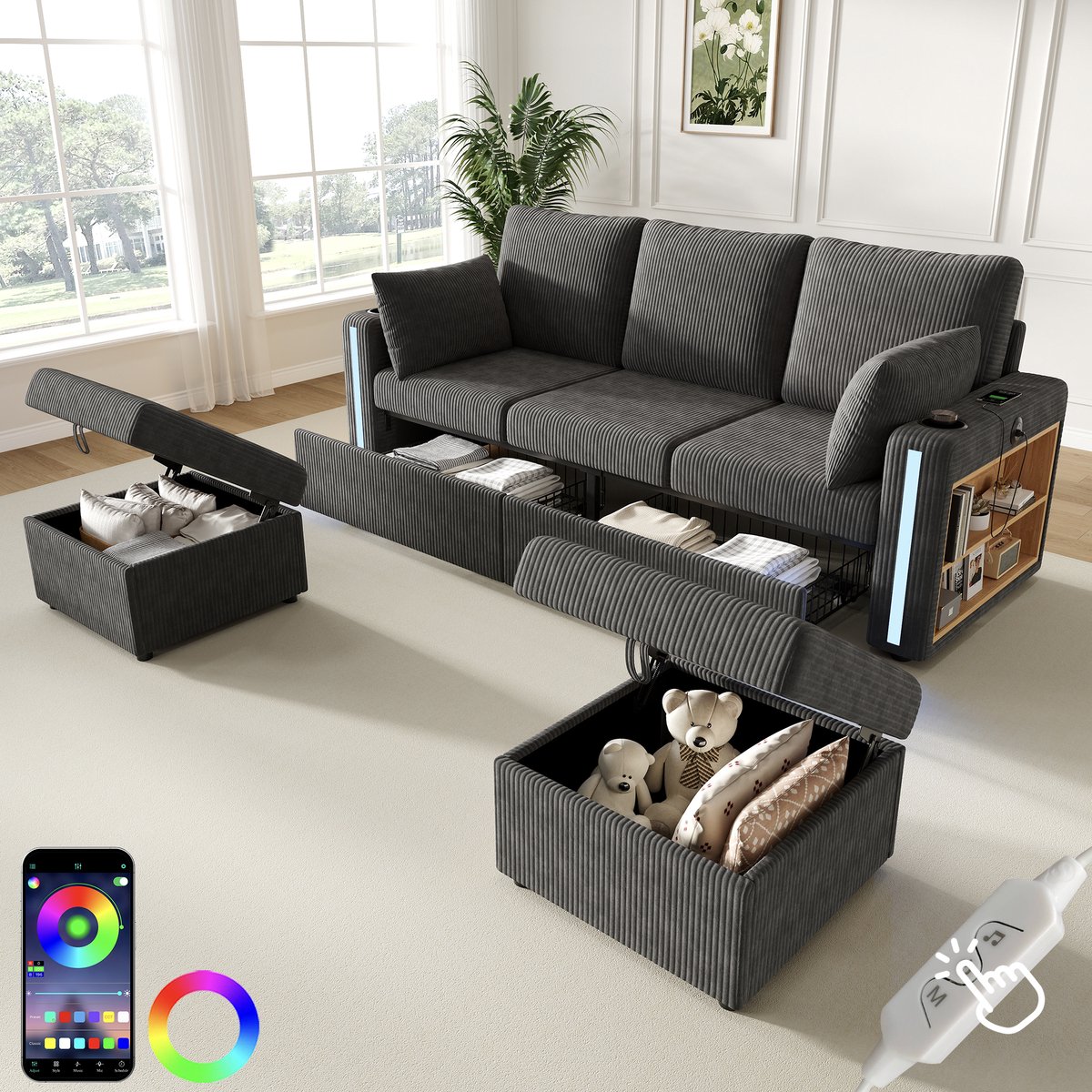 Ontwerp volgens uw wensen: Modulair U/L-Form Sofa met opbergruimte in - 190x130x85 cm, Grijs