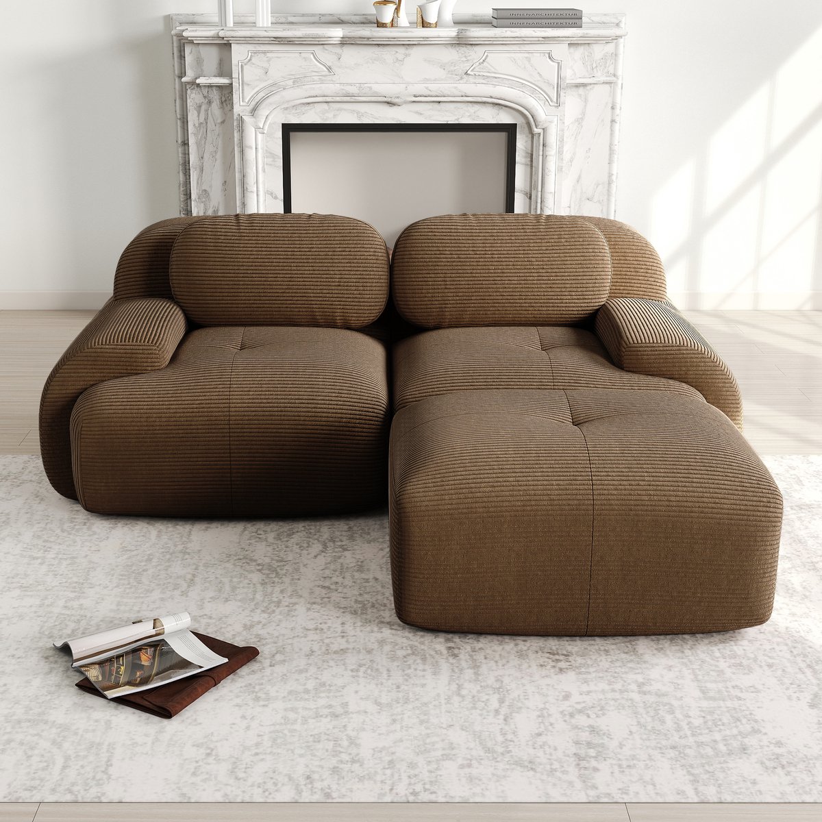 Modulaire Hoekbank 2-Zits - Ribcord Bank Zonder Frame Met Lounge Design En Zachte Kussens - Bruin