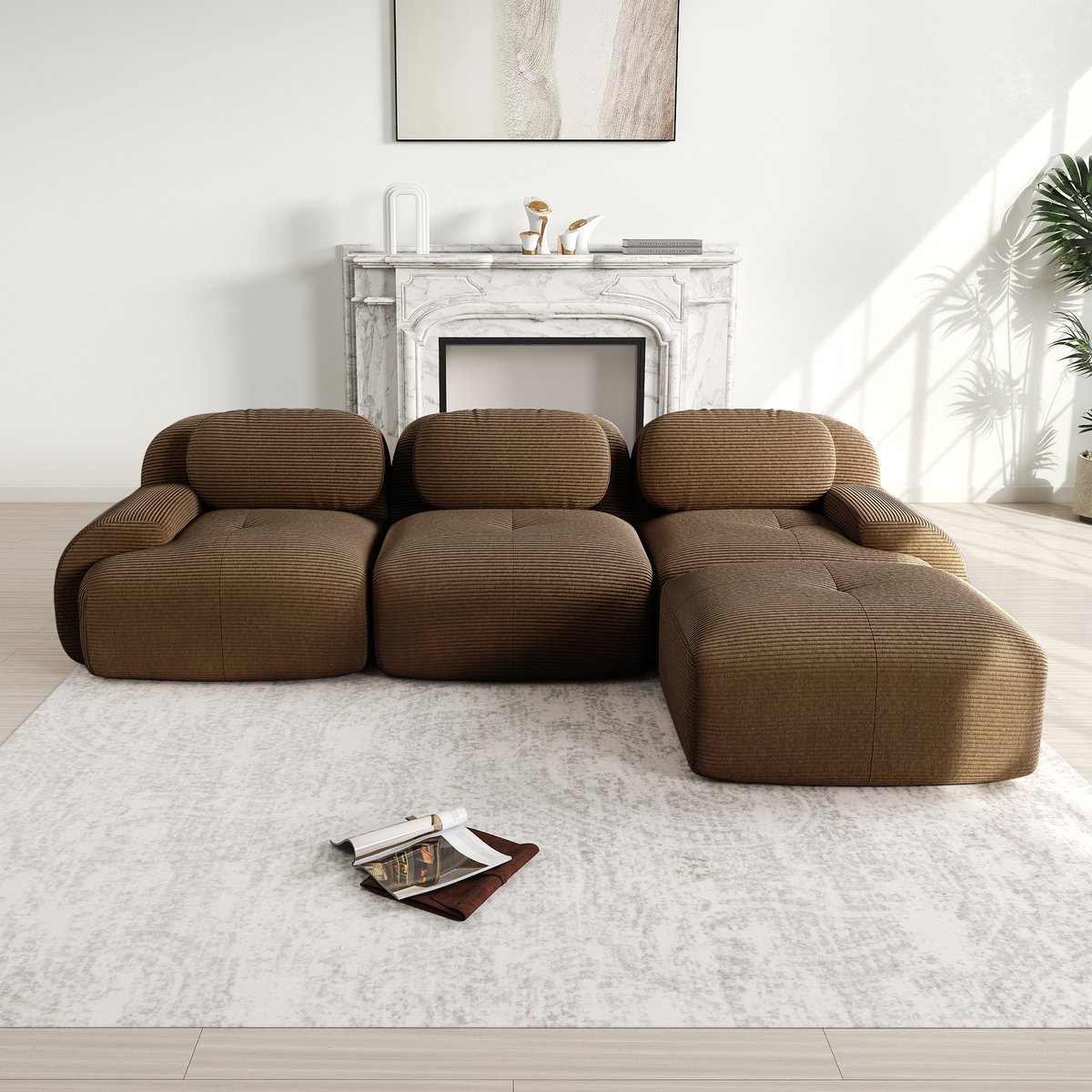 Modulaire Hoekbank - 3-Zits Bank Met Ribstof Bekleding - Frameloze Lounge Bank Met Brede Armleuningen - Ergonomische Cloud Sofa Voor Woonkamer En Slaapkamer - Bruin