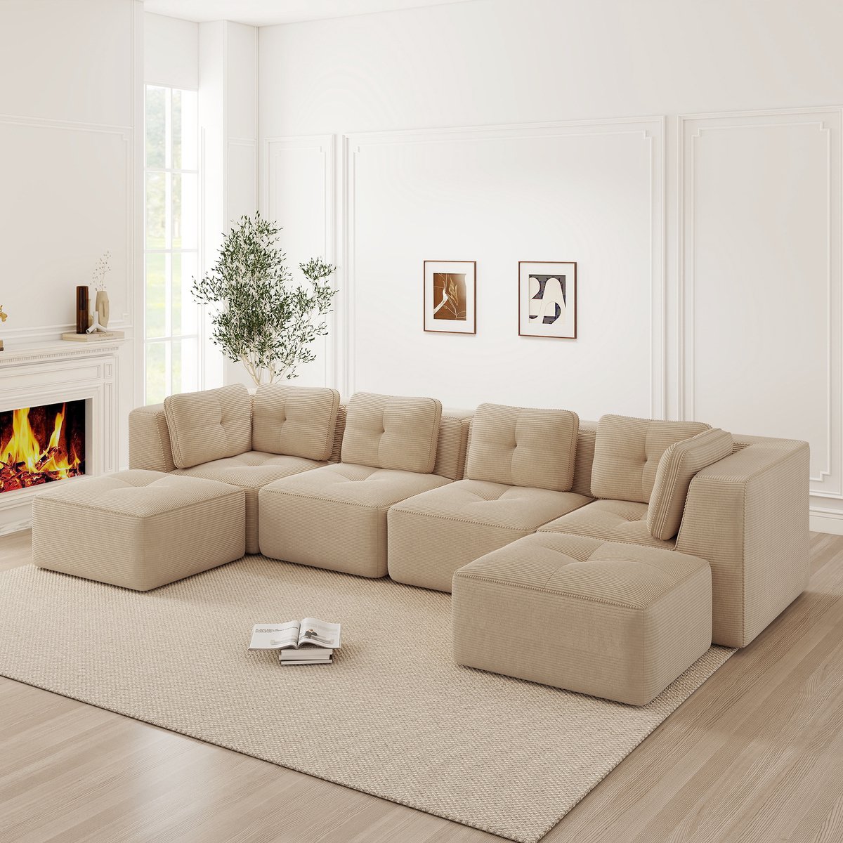 U Bank Hoekbank - 4-Zits Modulaire Corduroy Sofa Met Hocker - Frameloze Cloud Bank Met Diepe Zit, Brede Armleuningen En Zachte Bekleding - Moderne Lounge Bank Voor Woonkamer - Beige