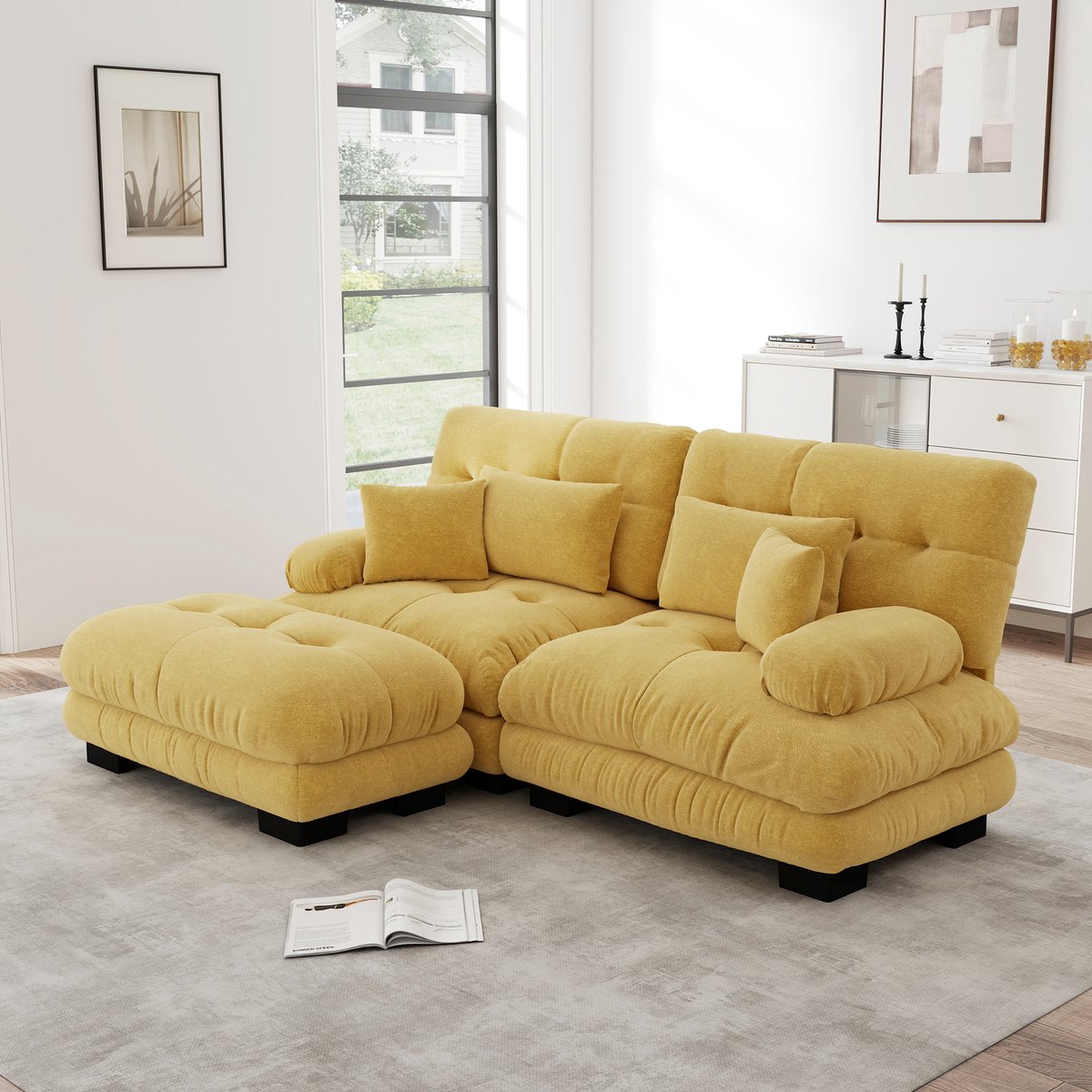 Luxe Modulaire Bank Geel - Chenille Hoekbank Met Hocker En Kussens - Moderne Cloud Sofa 2-Zits Met Diepe Zit, Zachte Schuimvulling En Flexibele Opstelling Voor Woonkamer
