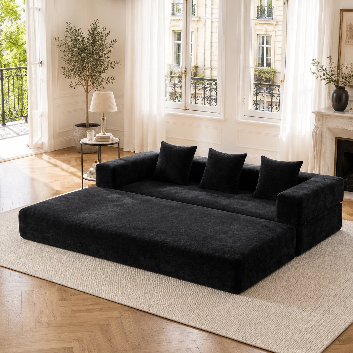 Multifunctioneel Chenille-Sofa - Met Opbergvakken en Antislipbodem - 53x34x92 cm, Zwart