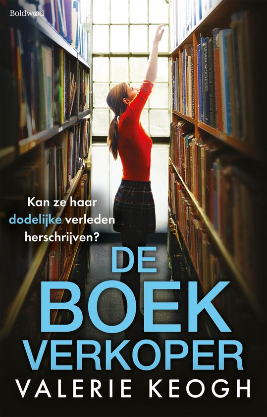 Vrouw in rood shirt en geruite rok reikt naar boek in boekenkast. "De Boekverkoper"