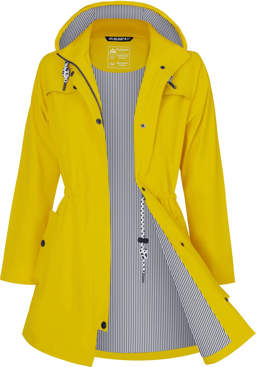 ATLASLAVA Regenjas Dames Lang Waterdicht Ademend Regenmantel Overgangsjas Capuchon Outdoor Jas,Maat XXL,Citroengeel