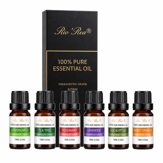 Zes flesjes Rio'Rea 100% pure essentiële olie: Lemongrass, Tea Tree, Rosemary, Lavender, Eucalyptus, Sweet Orange.