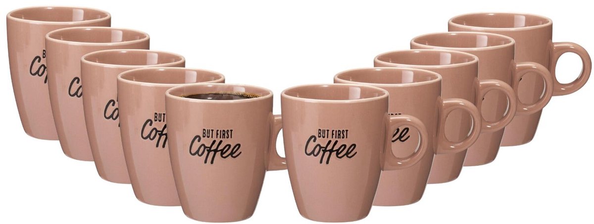 Siaki koffie kopjes Barista Cafe - 10x stuks - oudroze - 220 ml - mokken - keramiek - 10 cm - met koffie thema teksten