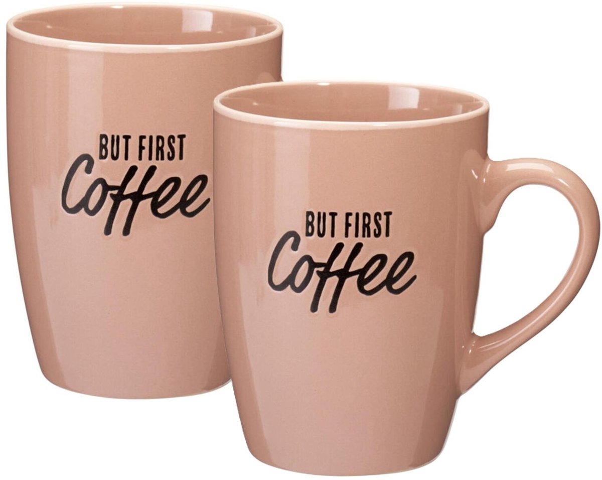 Siaki koffie kopjes Barista Cafe - 2x stuks - oudroze - 340 ml - mokken - keramiek - 10 cm - met koffie thema teksten