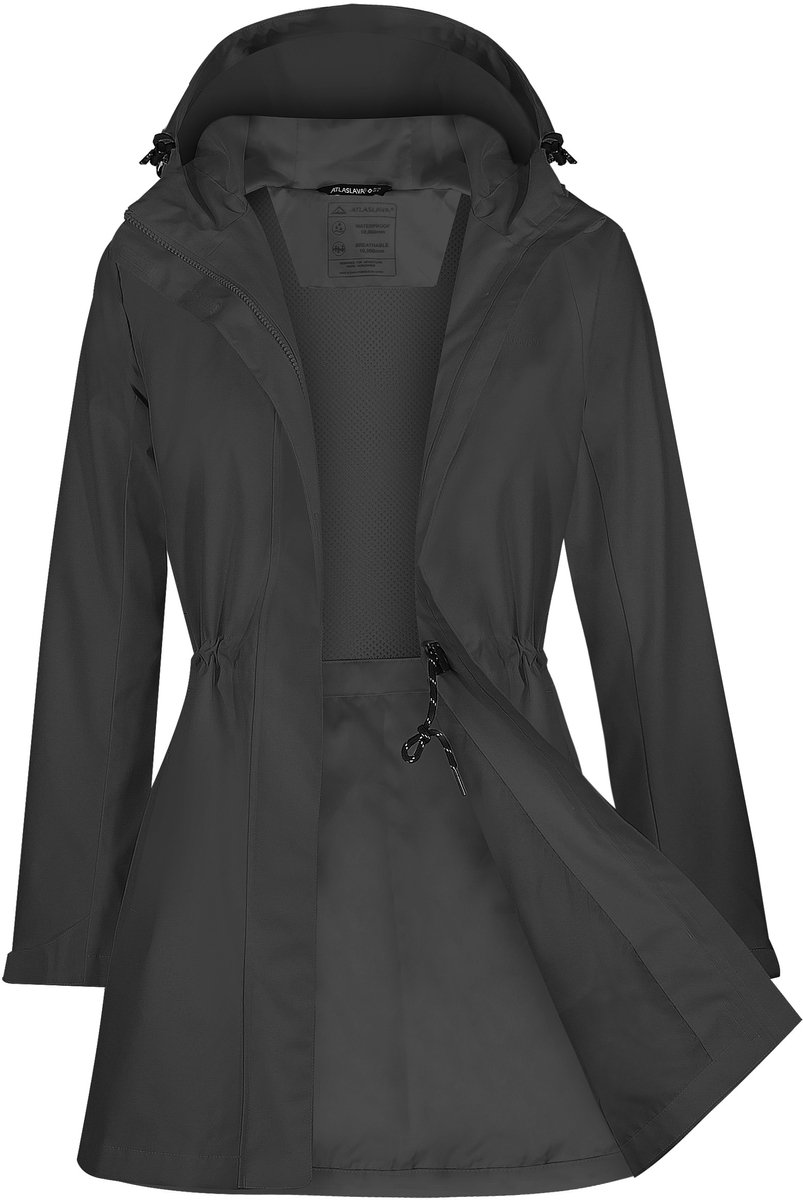 ATLASLAVA Regenjas Dames Lang Softshelljas Regenmantel Waterdichte Jas Trenchcoat Windbreaker Lichte Overgangsjas Mantel,Maat XXL,Zwart