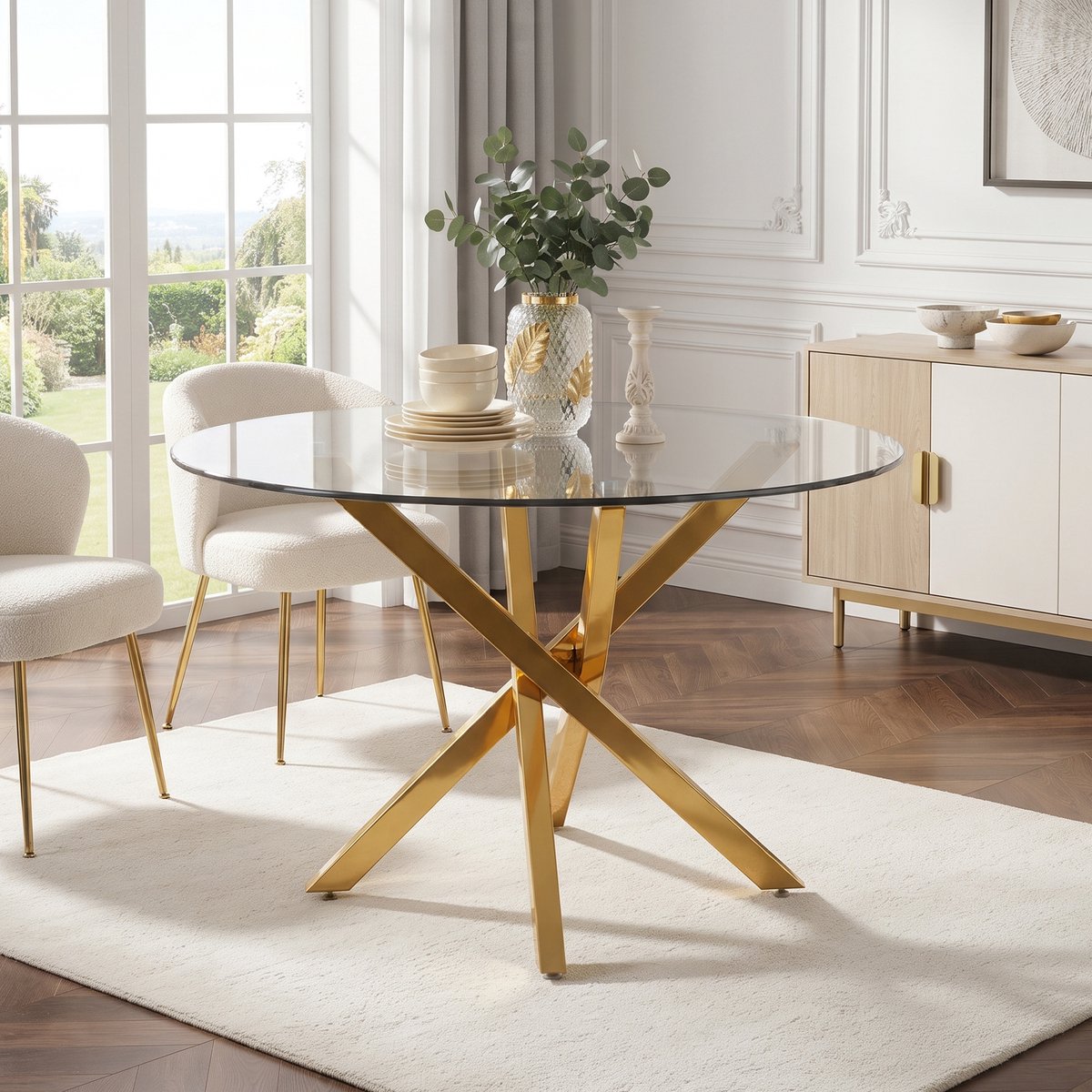 VVBV Eettafel 80x80x75 cm - Rond, Glazen Tafelblad - Goud, Glas