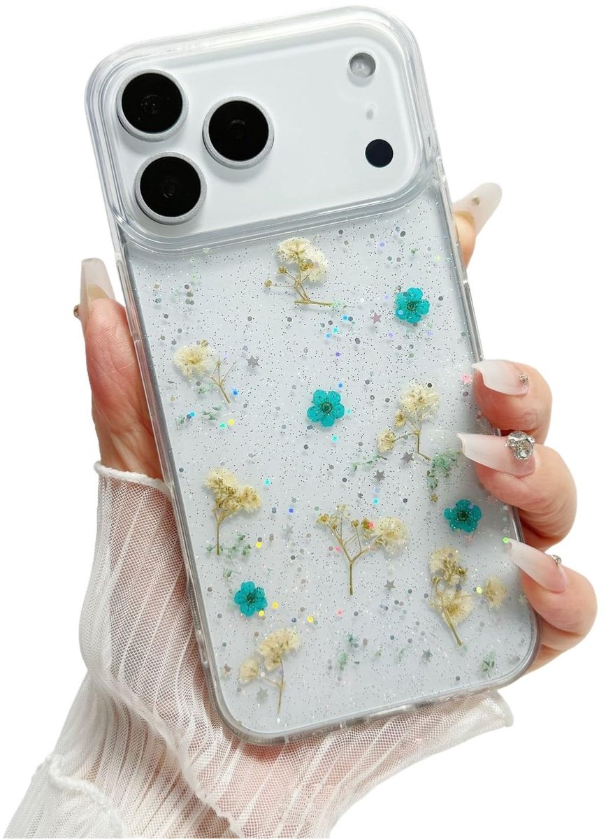 Solidchoice - iPhone 17 Air Case - Transparante Sequins met Drogen Bloemen