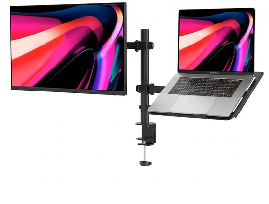 Zwarte monitorarm met een monitor en laptop. De monitor is links, de laptop is rechts.