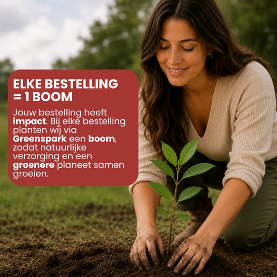 Een vrouw knielt in de aarde en plant een kleine boom. Grote rode tekstvak: 'ELKE BESTELLING = 1 BOOM'.