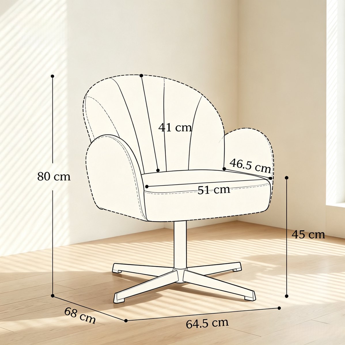 MIVRAY Fauteuil 64,5 x 68 x 80 Cm - Draaibaar 360 Graden Met Armleuningen En Schaalvormige Rug - Voor Woonkamer En Kantoor - Fluweel - Beige Zwart