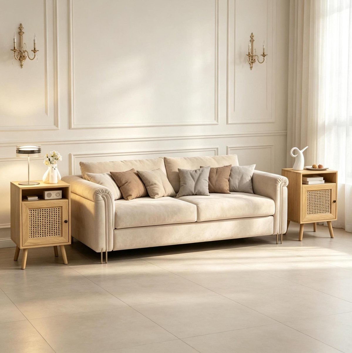 STILVORA Nachtkastje Set van 2 - Rattan Deur Met Open Opbergvak - Voor Slaapkamer En Woonkamer - Spaanplaat MDF Rattan - Naturel - 39x35x60 Cm
