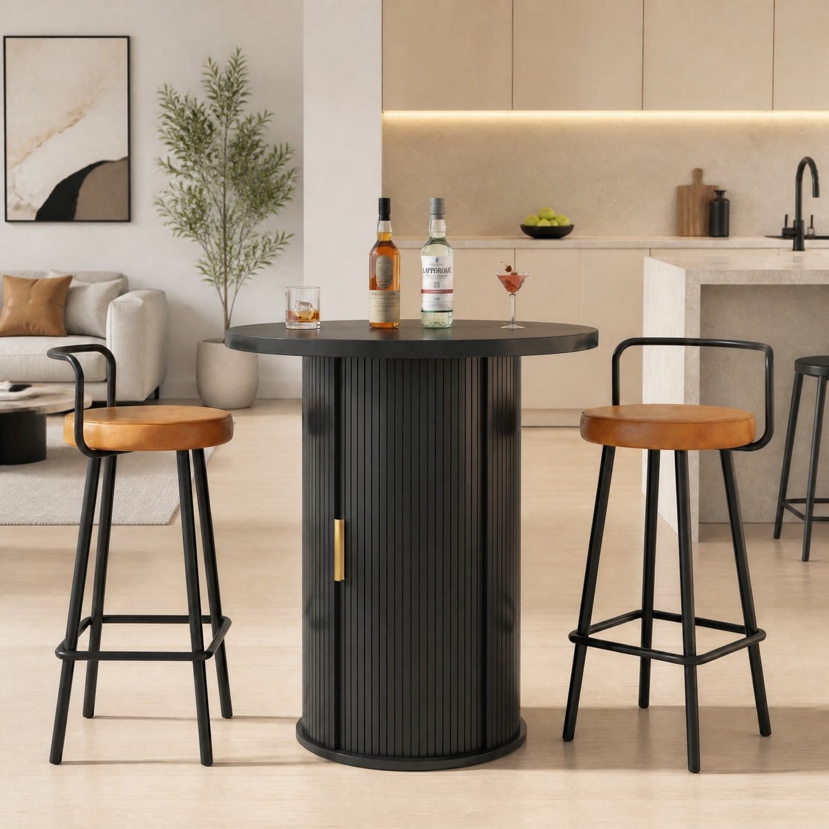 Bartafel Set Met 2 Barkrukken - Ronde Bartafel Met Opbergruimte - Hout Metaal - Zwart - 60x60x91,6 Cm