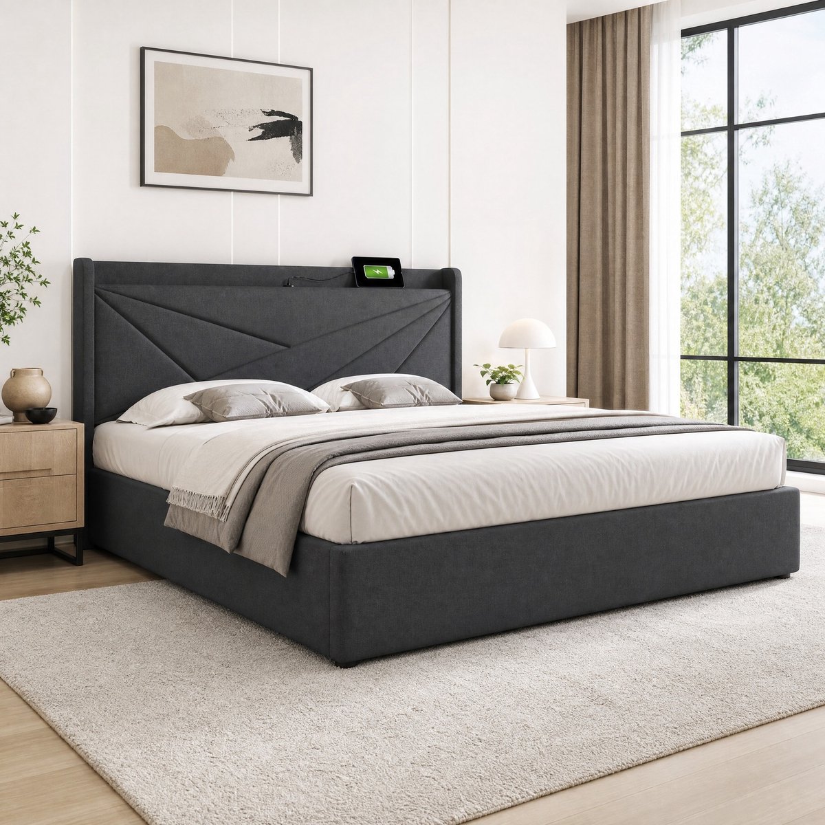 REDOM - Bedframe - Geometrisch hoofdbord - USB en Type-C laadfunctie - Opbergruimte met lattenbodem - Moderne stijl - Stof en metaal - Grijs - 186 x 208 x 107 cm