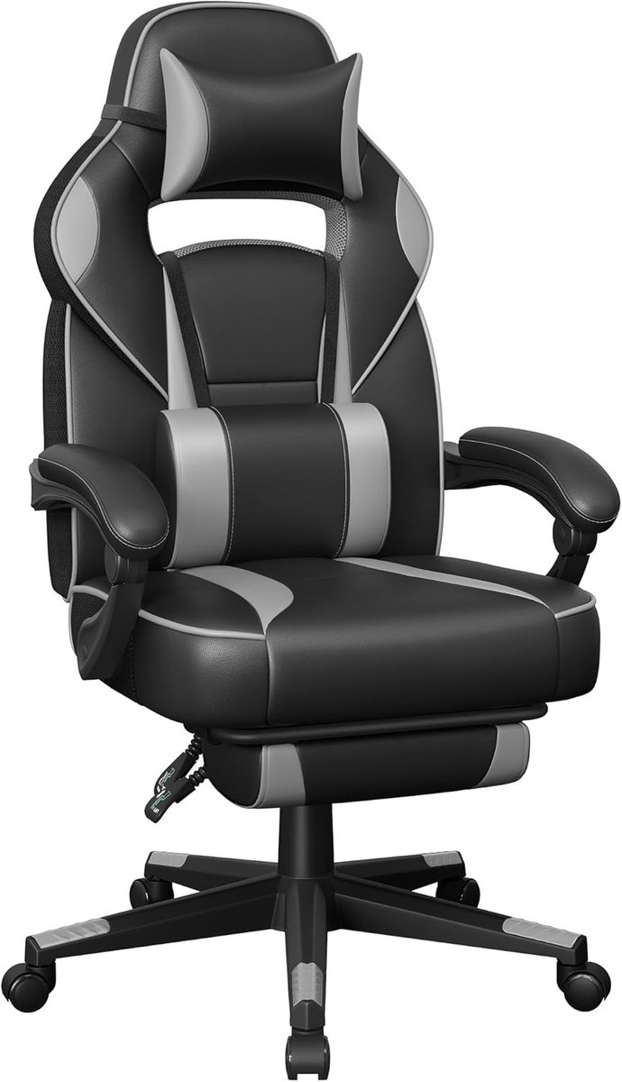 Bureaustoel Ergonomisch - Gamingstoel met Voetsteun en Hoofdsteun - Verstelbare Rugleuning 90-135° - In Hoogte Verstelbaar - 150 kg Belastbaar - Zwart Grijs - Thuiswerken, Studeren en Gamen