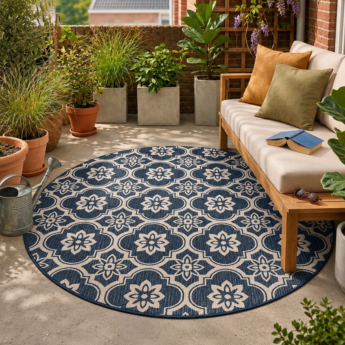 Fraai Rond buitenkleed - Rio Flower Blauw - Ø 230 cm