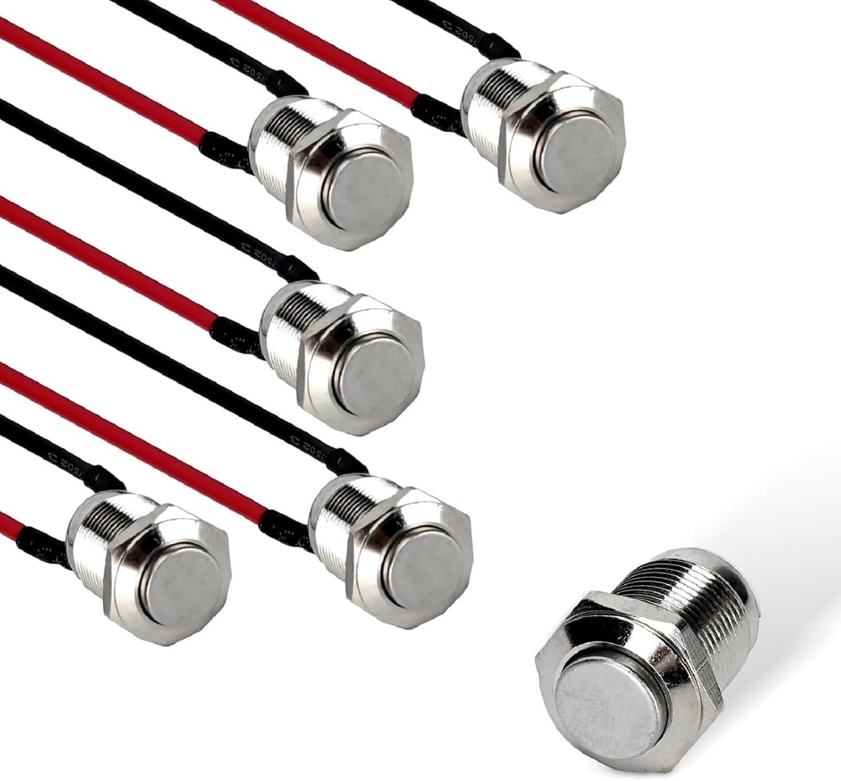 5 Stuks Voorbedrade Waterdichte Drukknoppen 12 mm 2A IP65 | Set van 5 | IP65 waterdicht | Roestvrij metaal | 2A 12V/24V/125V/250V AC | Momentcontact | Hoge kop 12 mm