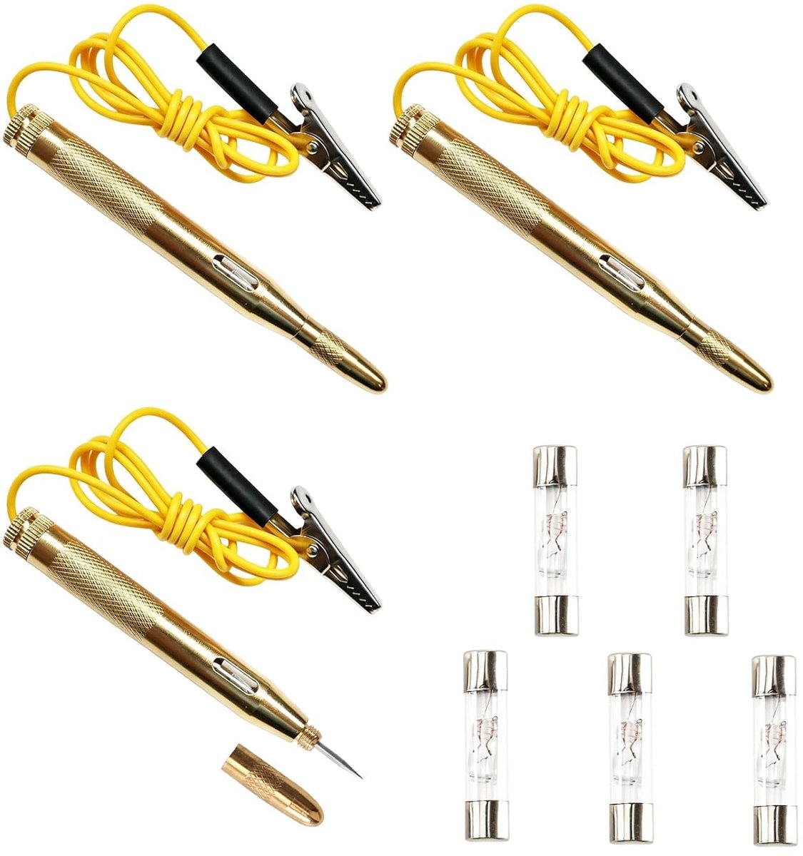 3 stuks autospanningstesters, 6-24 V, met testlicht, testlamp, stroomteststift, elektrische testpen met veerklem voor auto, motorfiets, testlicht voor zekeringen, leidingen en stroomcircuits