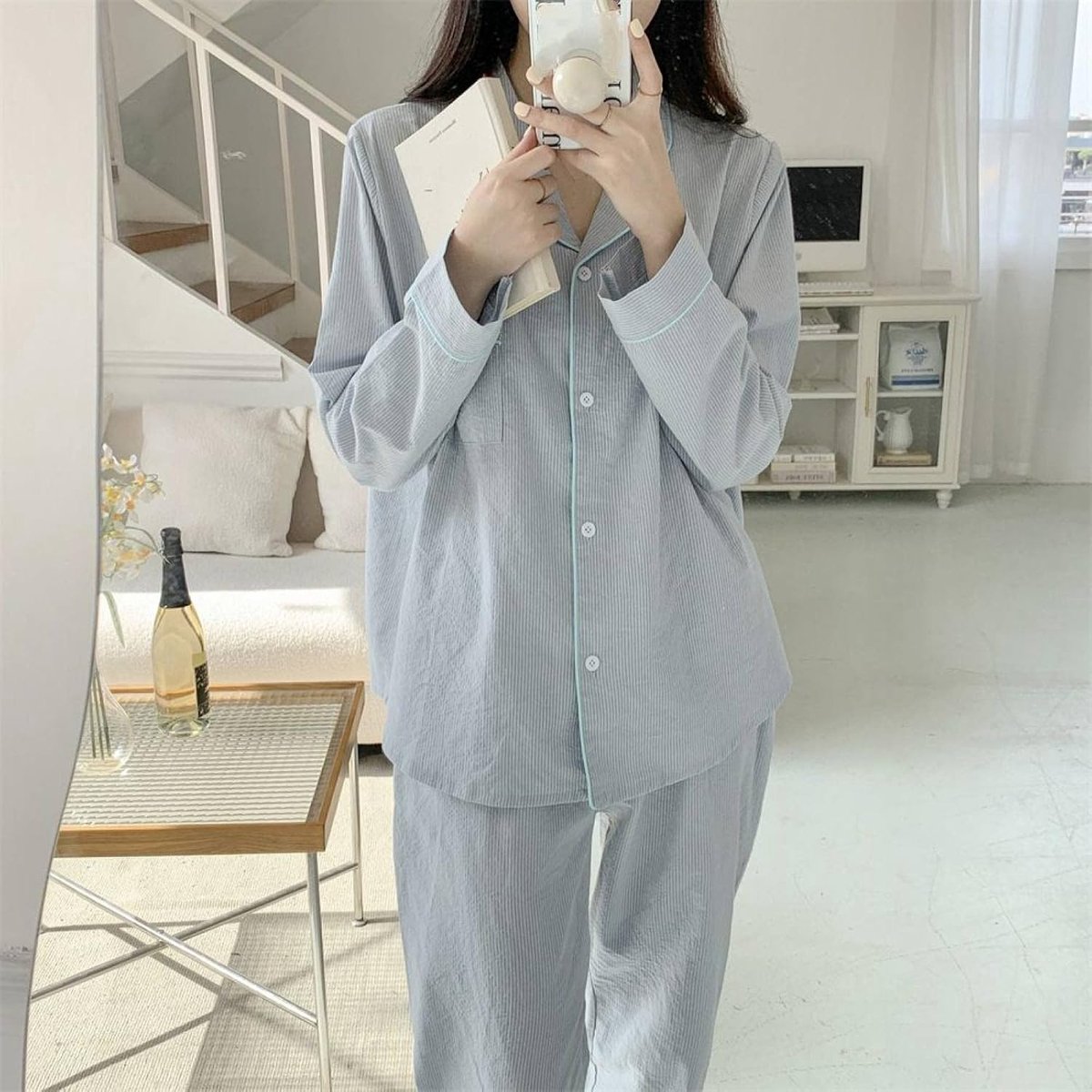 Damespyjamaset - Lentemode V-Hals Streepprint Loungewear Tweedelige Set, Losse Casual Homewear Met Lange Mouwen Voor Dames, Dames Homewear Kleding Zustersoutfit