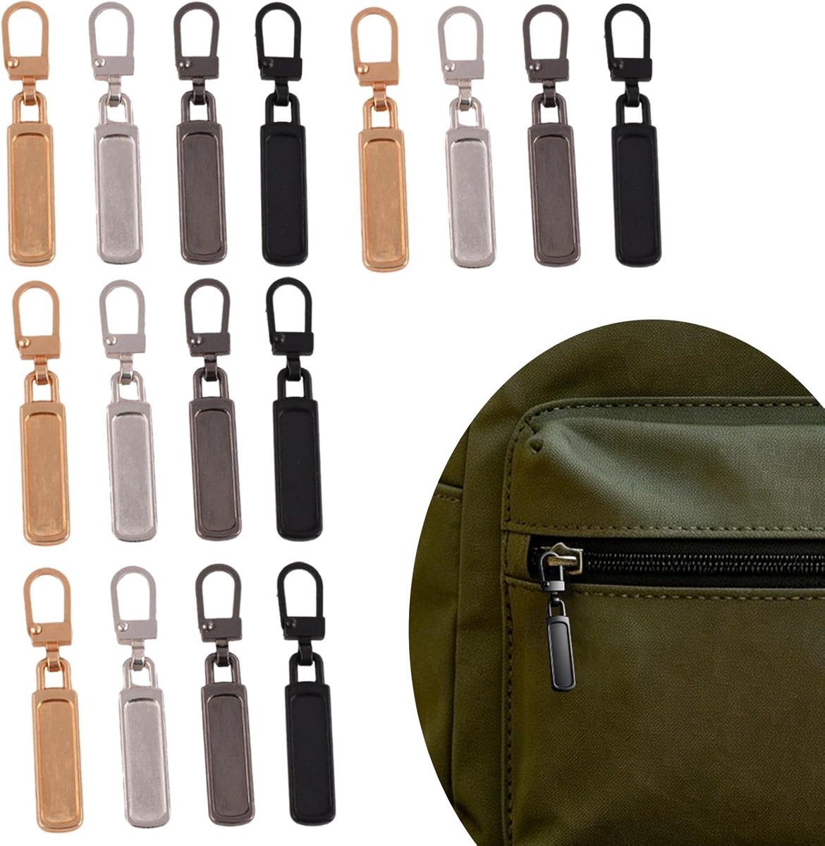 ritssluiting, 16 stuks metalen metalen ritssluiting, universele schuif voor ritssluiting, afneembaar, voor tas, kleding, jeans, koffer (zwart, goud, grijs, zilver)