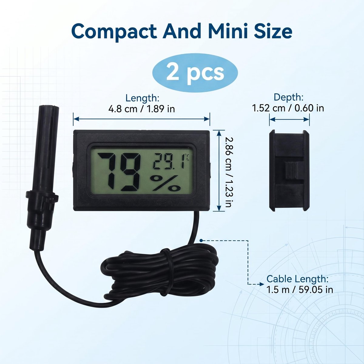 Thermometer hygrometer met externe sonde - LCD reptielenthermometer - temperatuurbereik -50 tot 70 °C - SnelShoppen