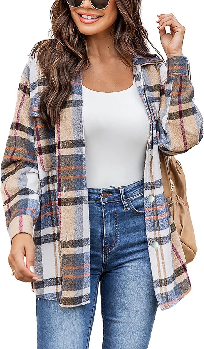 Flanellen geruite overhemdjasje met lange mouwen voor dames, katoen, reverskraag, knopenblouse en shacket-stijl jas
