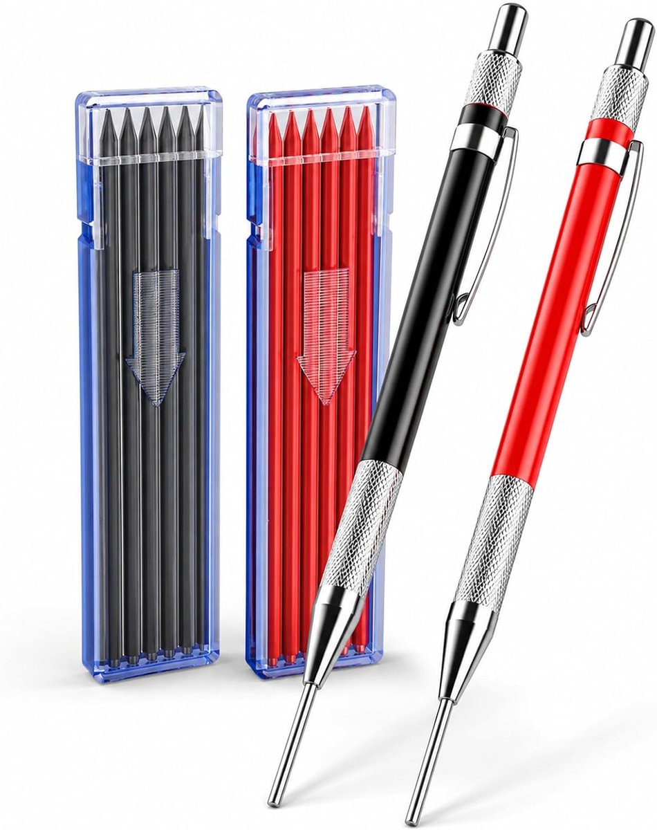 Set van 2 diepe gaten markeerstift, 2 mm, timmerpotlood voor bouwplaats als timmermanspotlood en ambachtslieden B-potlood met diepe gatenmarkers, B-stiftfunctie voor nauwkeurig markeren van hout en