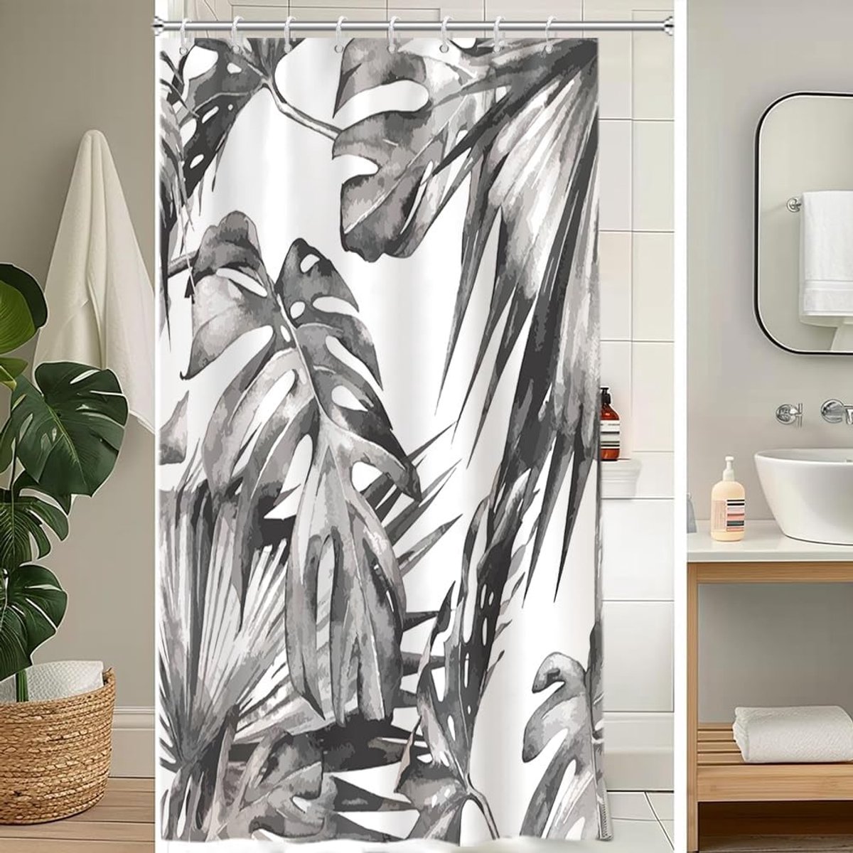 Douchegordijn, schimmelbestendig, douchegordijn 120 x 200 cm, grijs, tropisch, palmbladeren, jungle, badgordijnen, waterdicht, wasbaar, polyester, gordijnen voor badkamer met 8 haken