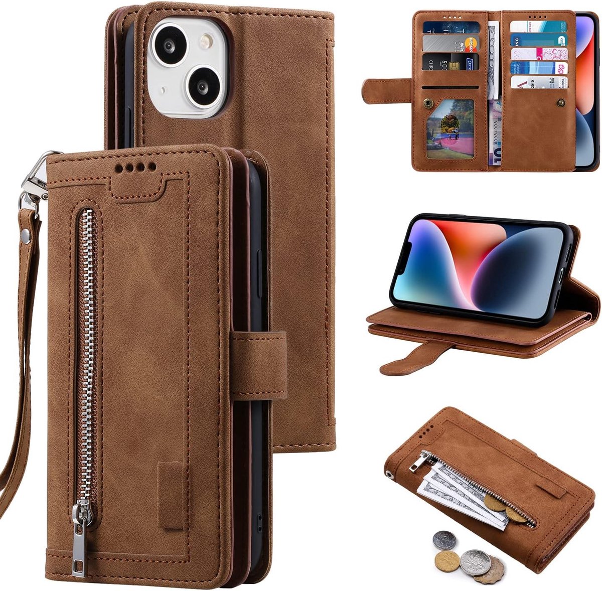 Hoes voor iPhone 15, retro lederen klaphoes, bruin | Premium PU-leren hoes met 9 kaartvakken, standaardfunctie, portemonnee, draagband, beschermhoes, wallet case