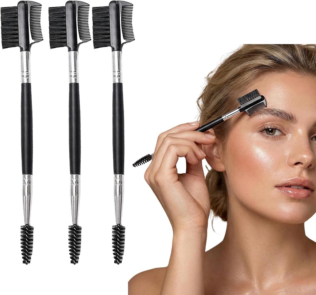 3 Stks Dubbelzijdige Wenkbrauwborstel, Wimperborstel Set Dubbelzijdige Kam & Spoolie voor Make-Up Brow Shaping en Lash Scheiding (zwart)