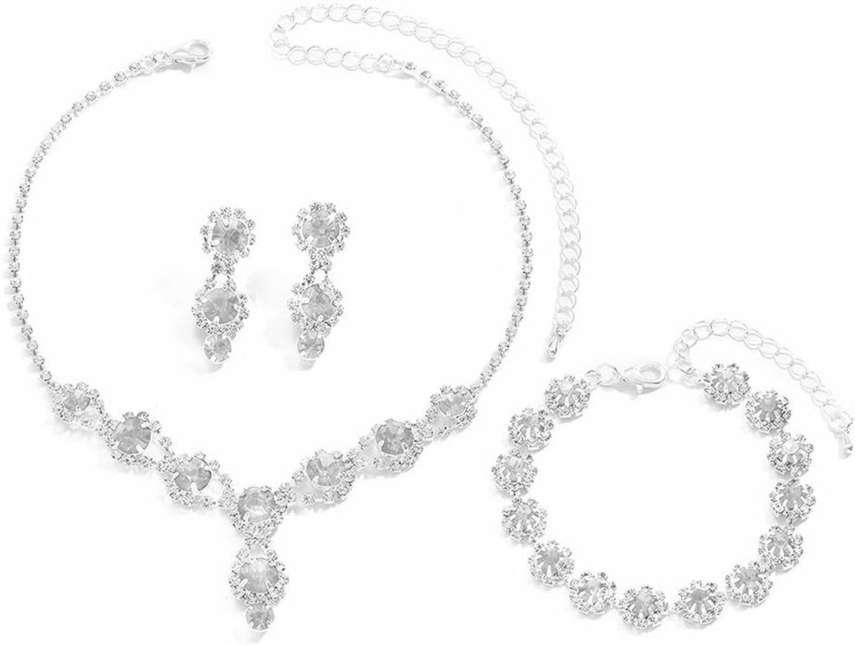 Sieradenset voor dames, kristal, halsketting, oorbellen, armbanden, set, accessoires, sieraden, cadeauset, jubileum, verjaardag