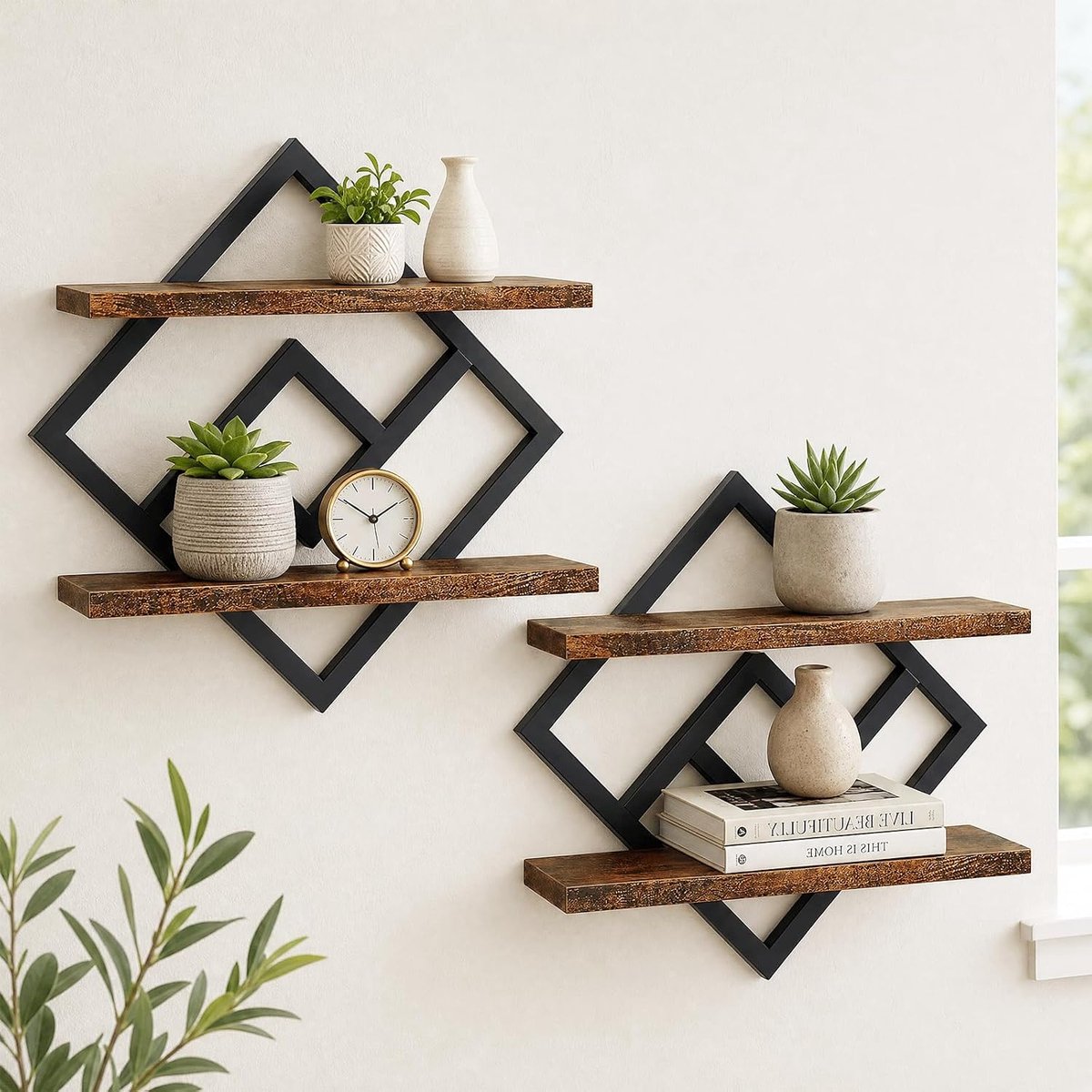 Zwevende planken, wandplank, wandplank, 2 verdiepingen, wanddecoratie en plank voor woonkamer, slaapkamer, keuken, kantoor, rustiek bruin en zwart