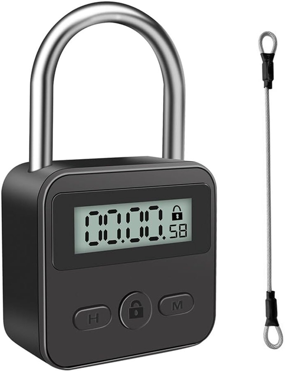 Tijdslot, TGKYK tijdslot, met touw en lcd-display, USB-oplaadbaar, intelligent tijdslot, hangslot voor controle van slechte gewoonten (zwart)
