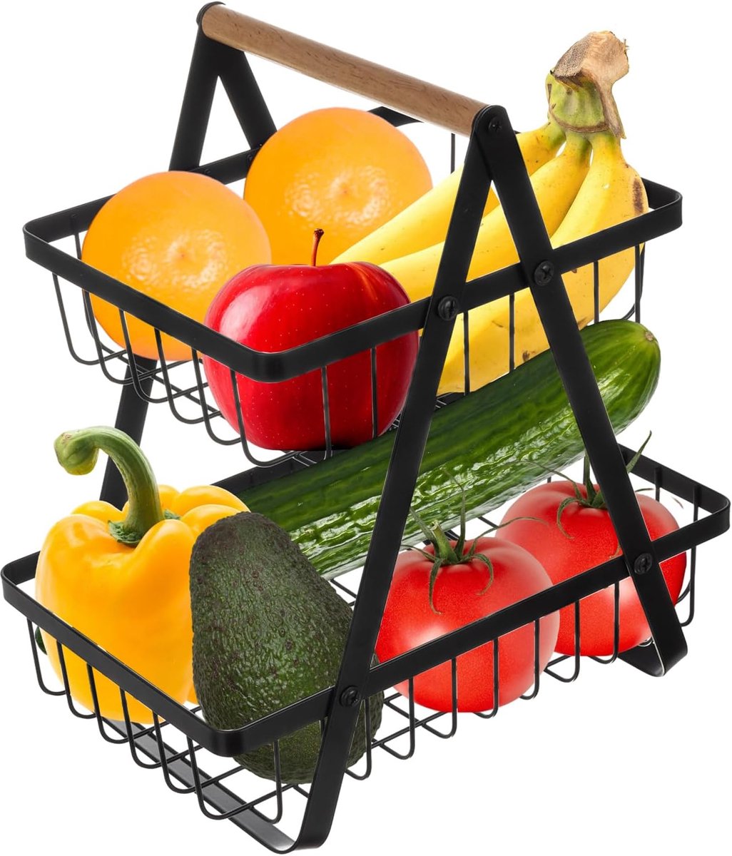 Fruitmand Twee Lagen - Fruithouder Groentemand - Keuken Opbergen - Ruimtebesparend Ontwerp - 30 x 27 x 17.5 cm - Zwart