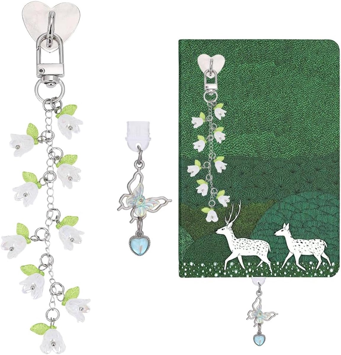 Set van 3 schattige bedelhangers voor Kindle-accessoires, inclusief vlinderhanger voor stofplug, sleutelhanger type C/USB C met bloemenvorm en zilverkleurige hartgreephouder, Compat