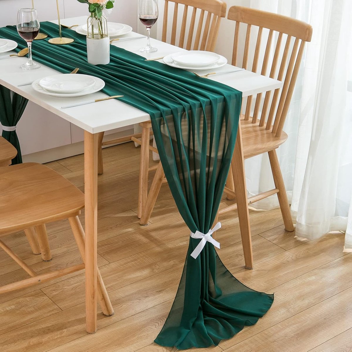 tafelloper chiffon, 70x420 cm, in donkergroen, wasbaar Tafelloper, tafeldecoratie bruiloft, groen