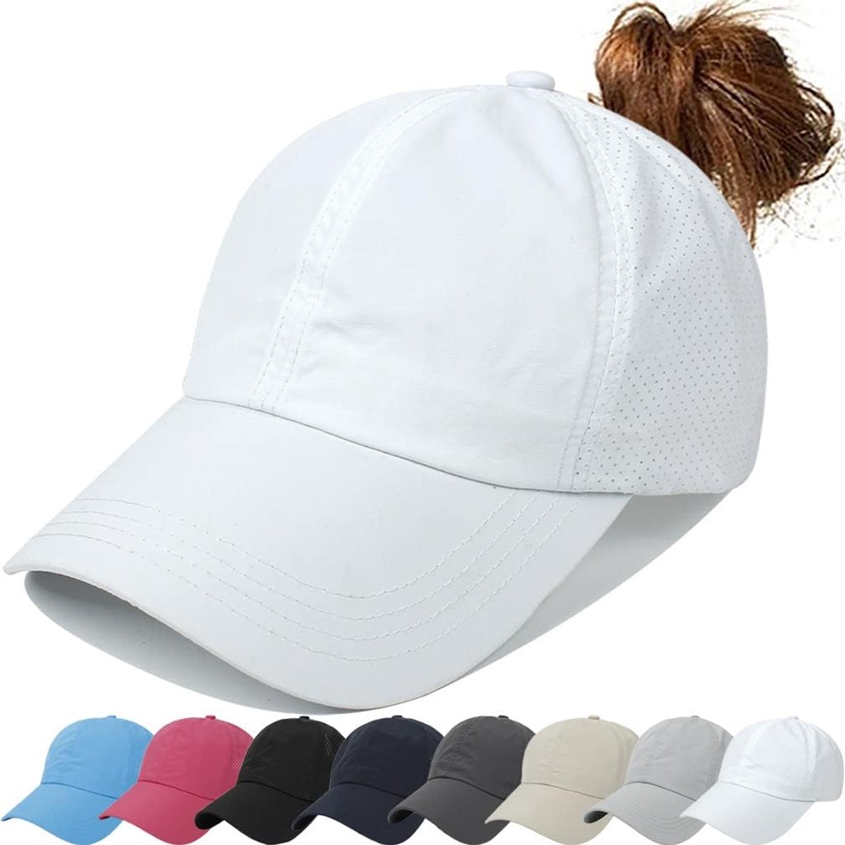 Paardenstaart Kappe Baseball Cap Unisex Verstelbare Baseballkappe Dames Zomer Verstelbare Sneldrogende Mesh Ademende Baseballmütze, wit, 56
