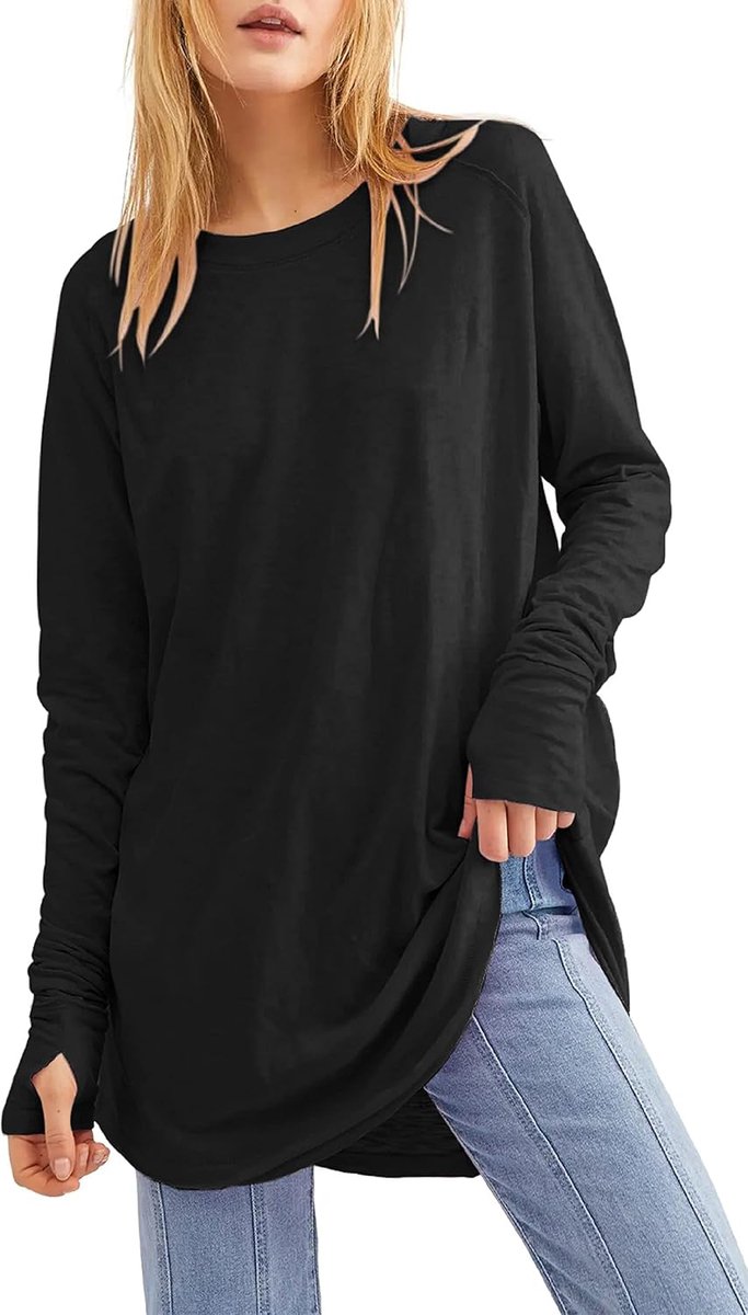 Lange mouwen tops dames lange truien ronde hals tuniek tops losse pasvorm sweatshirts met duimgaten., Zwart, XXL