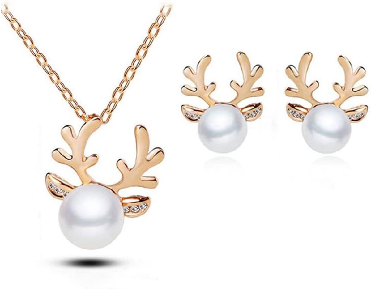 Sieradenset voor dames, 925 sterling zilver, kerstdruppels, parels, eland, halsketting, oorbellen voor Valentijnsdag, huwelijkscadeau