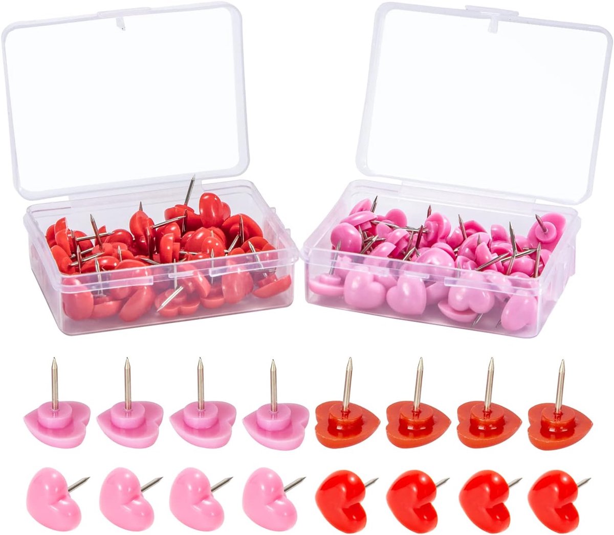 Punaises, decoratieve wandpunaises voor doe-het-zelffoto's, school, kantoor, kurkborden en prikbord, 2 dozen, 100 stuks (roze en rood)