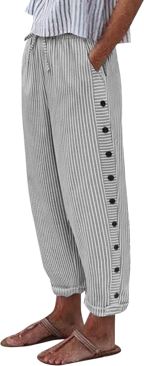 Damesbroek voor dames, katoenen damesbroek met elastische taille, trekkoord, casual zomerbroek met zakken, lichtgewicht gestreepte strandbroek met losse pasvorm voor vakantie