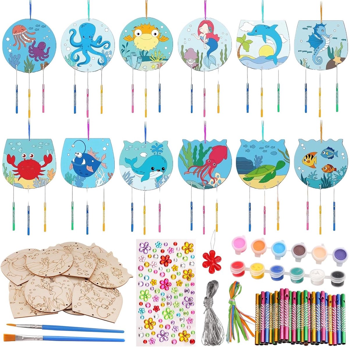 Houten windgong knutselset zeedieren windgong knutselset DIY kinderen houten klankspel knutselen zomerdecoratie voor verjaardag, school, feest, knutselwerk, tuindecoratie