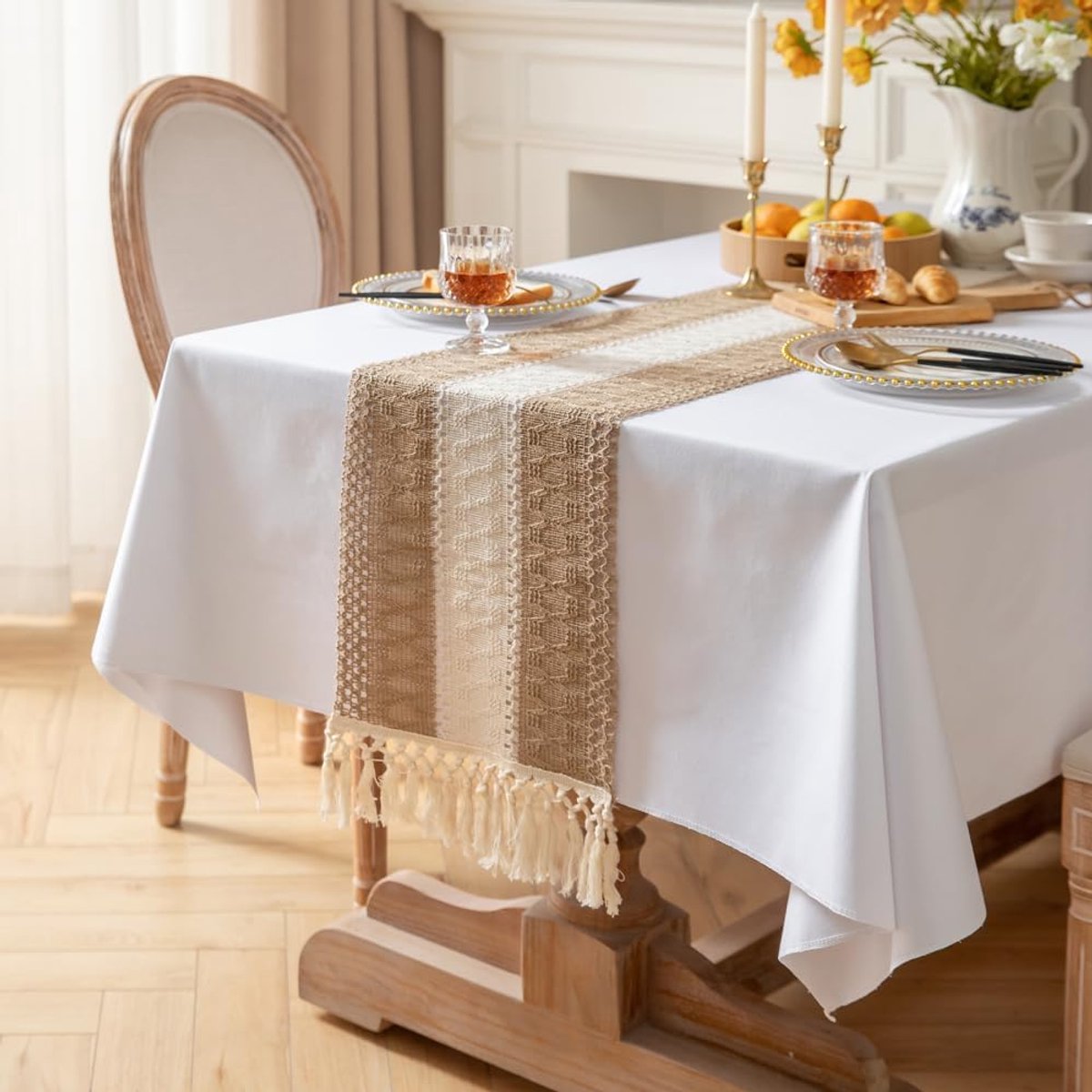 Tafelloper, linnen rustieke beige tafelloper, macramé tafelloper met kwastjes voor vakantiefeesten en dagelijks gebruik