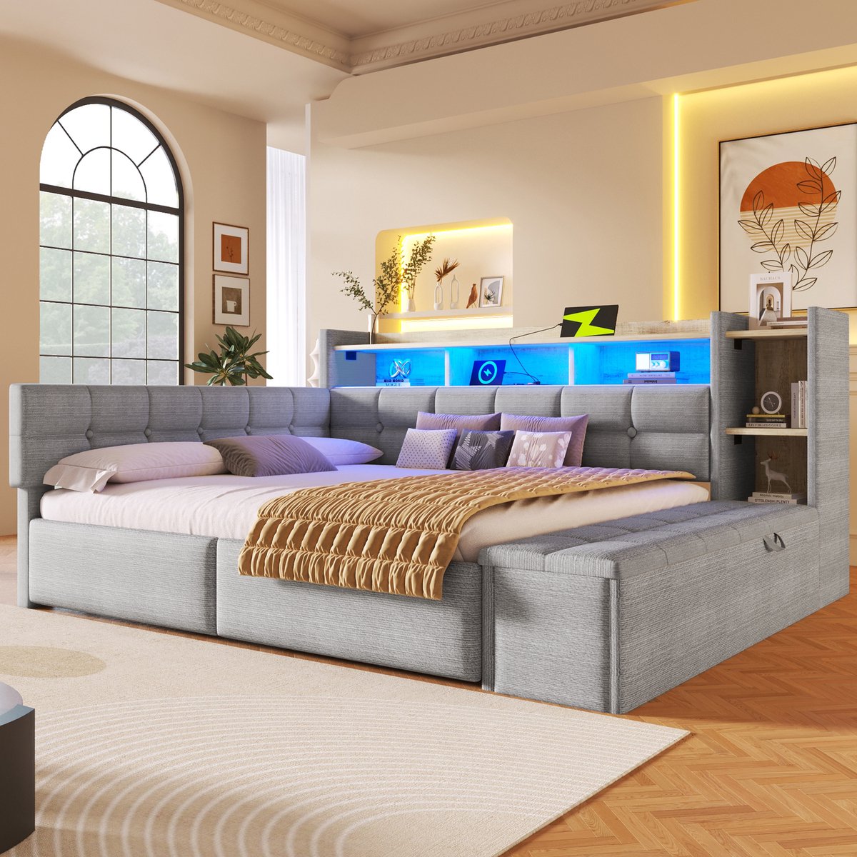 VVBV Bedbank 140x190 cm - USB & Type-C, Opbergruimte, Stopcontact, LED-Verlichting - Grijs, Fluweel