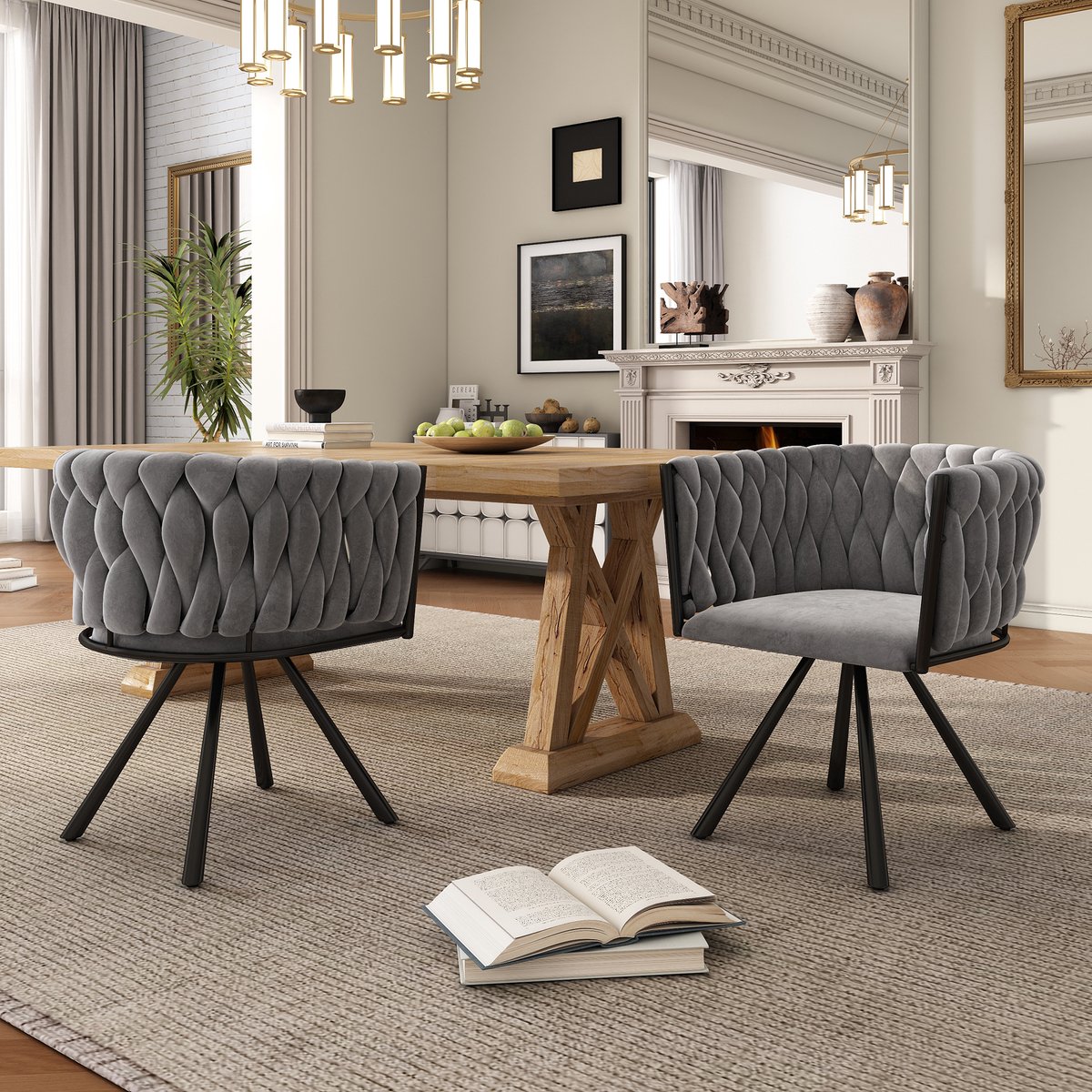 Zubaliya Draaibare Eetkamerstoel 2-Persoons Set 62x60x57 cm - Velvet Stoel Met 360° Draaifunctie En Stalen Onderstel Grijs