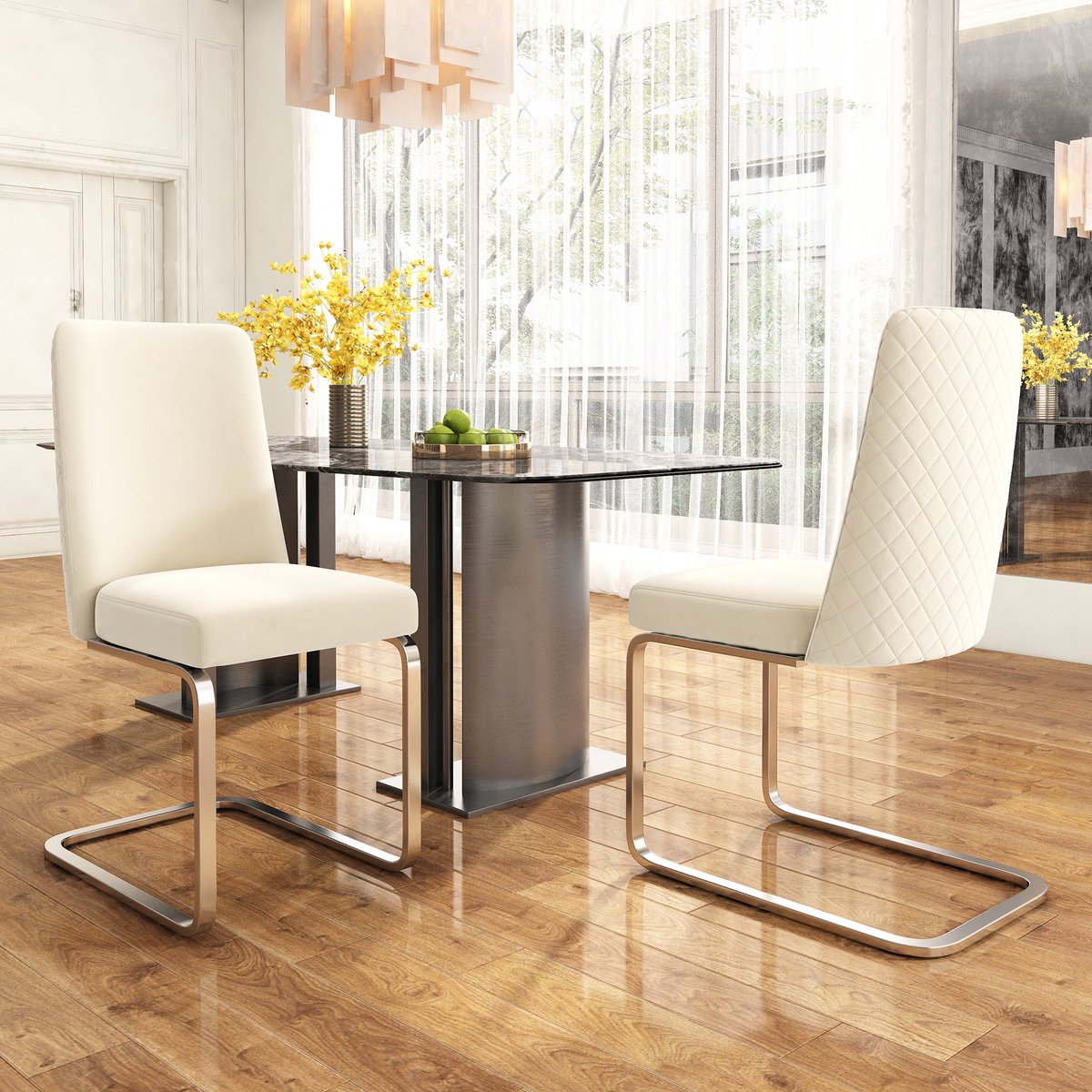 Eetkamerstoel 2 Stuks - Velvet Stoel Met Diamant Rugleuning En Metalen Poten Beige