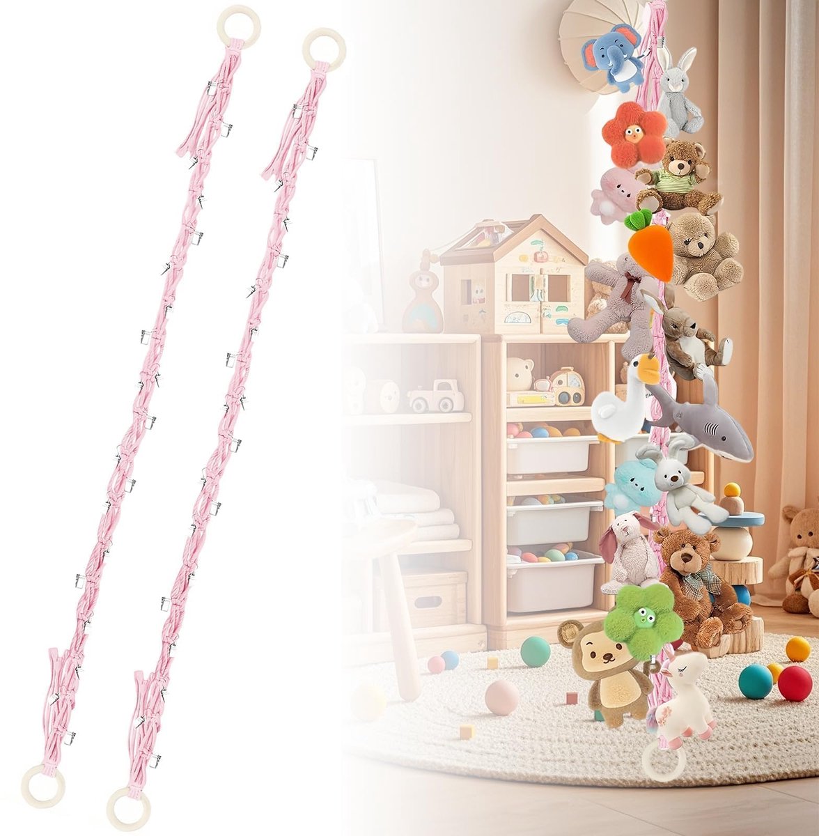Knuffeldier ophangsysteem - roze - met 40 metalen klemmen - ideaal voor kinderkamer opslag - ShopVlot